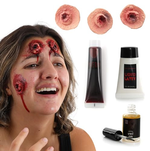 Lot de 3 cicatrices de balles – 3 fausses cicatrices de balles 3D, gomme spirituelle, latex liquide et faux sang – Accessoire parfait pour déguisement d'Halloween