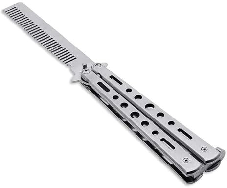 HZSZJMN Practice Butterfly Trainer, Flip Trick Practice Tool, Unsharpened Blade 100% Safe Dull Butterfly Comb for Training (Silver)