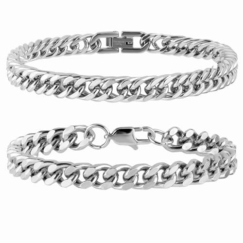 DIVINA VITAE 2 Stück Herren Armband Edelstahl Armbänder Panzerkette 21cm Gliederarmbänder Silber Herrenarmbänder für Männer Jungs Kubanische Armband Geschenke für Papa Bruder Ehemann