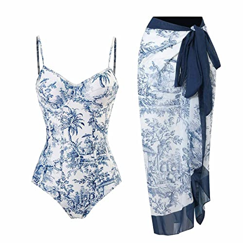 Saxrel Swimwear Women Vintage Printing Lace Up Swimsuit Long Skirt Chiffon Two-Piece Set Swimsuits Summer Beach Diving Suit Swimming Costume Bathing Suits Wetsuit Casual Bottom Tummy Control Wetsuit
