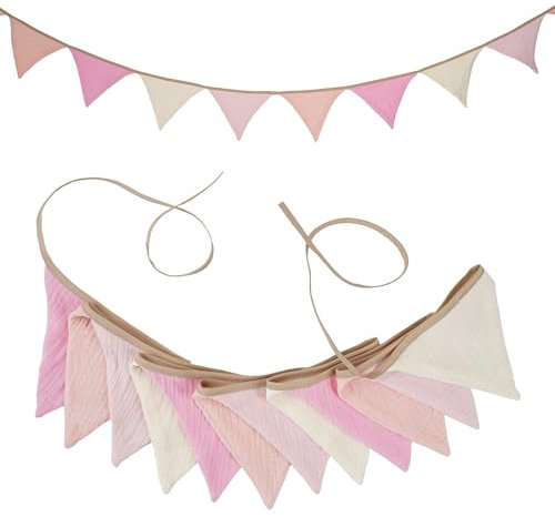 G2PLUS Rosa Wimpelkette Kinderzimmer,Stoff Wimpelkette aus Musselin Baumwolle,2.8m Musselinstoff Girlande für Kinderzimmer, Mädchen Kinderzimmer Deko für Hausbett, Babybett & Kinderbett