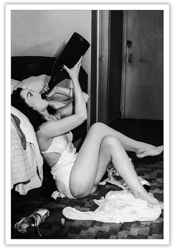 Retro Black And White Canvas Wall Art, Aesthetic Vintage Vogue Posters, Preppy Trendy Poster Picture for Teen Girl, Hot Woman Drinking a Bottle of Champagne, Living Room Dorm Decor Bar Cart Decoration