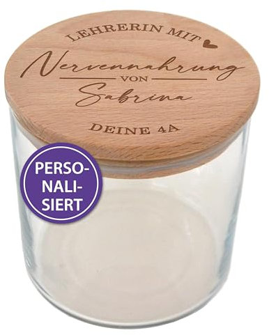 Feenstaub Personalisiertes Vorratsglas, Lehrergeschenk, Geschenk für Lehrerin, Erzieherin, Geschenkglas mit Gravur am Holzdeckel, Aufbewahrungsglas mit Deckel als Abschiedsgeschenk Nervennahrung