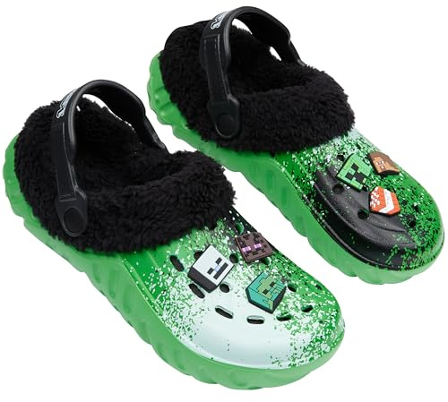 Minecraft Boys Winter Clogs Fleece Lining & Decorative Accents, Kids Teens Garden Shoes Slip On with Strap, Gifts for Him (Green/Multi, 3/4 UK)