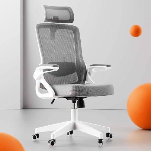 Ergonomic Office Chair, S-Shaped Mesh Desk Chairs, Adjustable Headrest & Lumbar Support, 90°Flip-Up Armrest, Breathable High Back & Widened Cushion, Swivel Computer Chair for Home/Study/Office