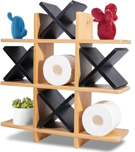 Tic Tac Toe Toilettenpapierhalter Ständer mit 4 schwarzen Farben, Bambusholz, X-Toilettenpapier-Aufbewahrung, Badezimmer, hängende Aufbewahrung, Wandmontage, Regale, Wanddekoration für