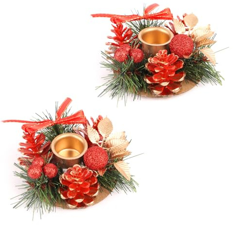 DERAYEE 2 Stück Weihnachts-Kerzenhalter, rote dekorative Kerzenhalter für Weihnachtstisch, Kaminsims, Kamin-Dekoration