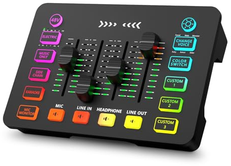 Gaming Audio Mixer mit RGB, Streaming/PC Mixer | Mit XLR-Mikrofonschnittstelle, 6 Sprachwechselmodi, individuelle Steuerung, Stummschalttaste, 48 V Phantomspeisung