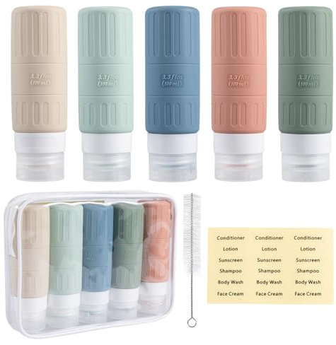 Carehabi 5 Pièces Flacon Voyage Silicone 100ml Avion, Contenant Vide Flacons Bouteilles à Remplir, pour Shampooing, Gel Douche, Lotion, Cosmétiques, Bagage à Main