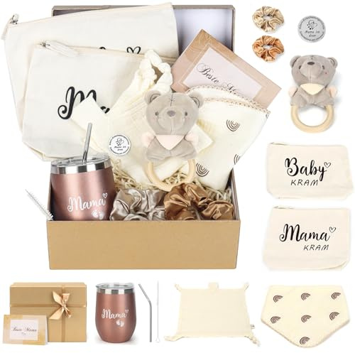 Nyfödda presentset för blivande mödrar, unisex för pojkar och flickor | Inkl. mamma termosmugg, träskallra, bomullspåsar, huvuddukar och babyhalsduk, färdig presentförpackning