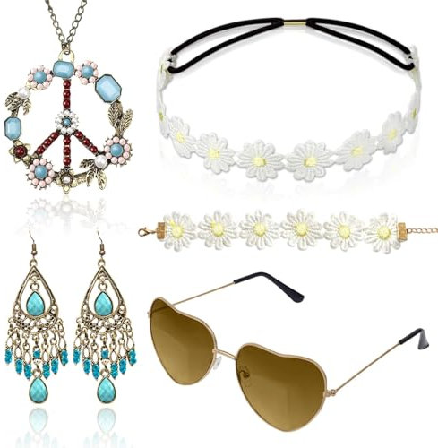 Alintor Hippie Kostüm Damen Set mit Brille, Schlagermove, 5 Stück Hippie Accessoires, 60er 70er Jahre Bekleidung Damen Zubehör, Flower Power Accessoires, Peace Kette