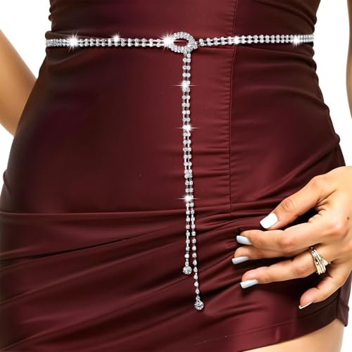 Bremorou Glitzer Gürtel Damen Strass Glitzer Taillengürtel Silber Glitzergürtel Kristall Gürtel Damen Strass Kettengürtel Glitzergürtel für Abendkleid Rhinestone Belt