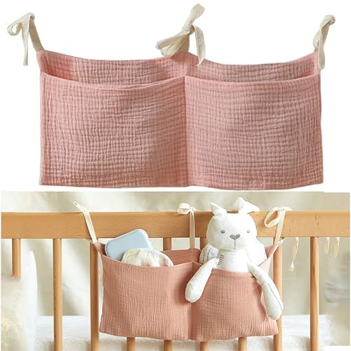 Babybett Organizer - Hängender Bett Aufbewahrung für Kinderzimmer, Spielzeugtasche Zubehör Beistellbett Baby für Betten Windeln Kleidung Spielzeug (Rosa)