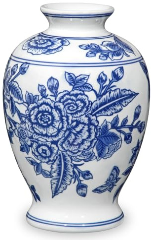 Vintage Keramikvase Weiß und Blau für Blumendekoration Blumenvasen Deko Vase für Pampasgras Blumen, Tischdeko, Trockenblumen Deko Vasen für Wohnzimmer, Bürodeko, Modernes Dekoratives Vasen