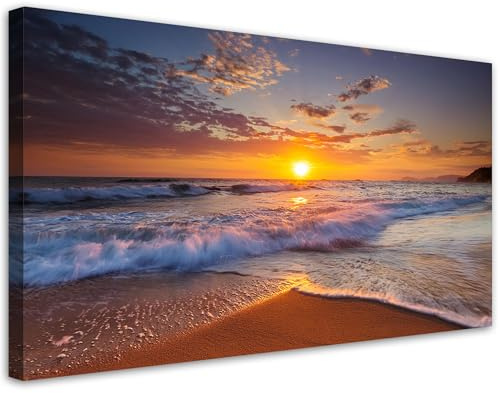 Feeby Leinwandbild - Bilder Wohnzimmer - Strand Meereslandschaft - 80x40 1tlg - Deko Schlafzimmer - Wanddekoration - Aesthetic - Groß Moderne Bild - Foto auf Leinwand