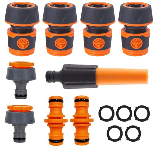 WanderGo Schlauchverbinder Set 3/4 Zoll, 9 Stück Premium Set Schlauchkupplung mit Kupplungs Gartenschlauch Enthalten 1 Sprühdüse 5 GummiDichtungsring für Garten, Haushaltsnutzung, Schlauchverlängerung