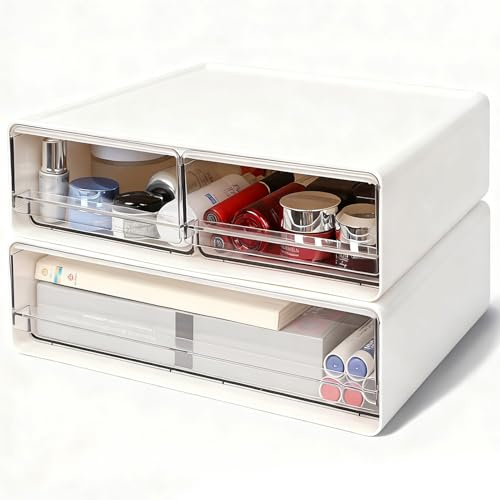 OSTWOLKE Schubladenbox Schreibtisch Kunststoff mit 3-Schubladen (Weiß) | 2 Stück Büro Organizer mit Schubladen, Stapelbar Schubladenboxen, Aufbewahrungsbox mit Schublade für Bürobedarf Kosmetik