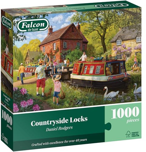Falcon - Countryside Locks Puzzle mit 1000 Teilen – Daniel Rodgers Illustration – ruhige Sommerszene – Premium-Recycling-Karton – posterähnliche Oberfläche – umweltfreundliche Verpackung
