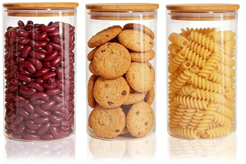 SIGONE Set of 3 Glass Food Storage Jars,Transparent Round Containers with Wooden Lids for Grains,Oats,Sugar,Tea,Coffee Beans & Dry Goods