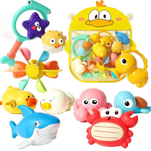 KADAYAYA Juguetes de Baño Bebé Set 12 Piezas con Animales Marinos y Red – Juguetes Bañera sin Agujero Bebé Bath Toys de Baño Flotante,Juguete Bañera Infantil para Baño y Piscina