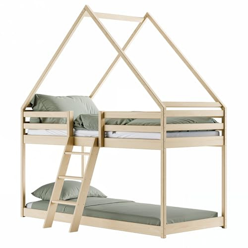LANO meble Etagenbett für Kinder in Hausform mit Geländer, Sweet 90x200 Kiefer, für Geschwister