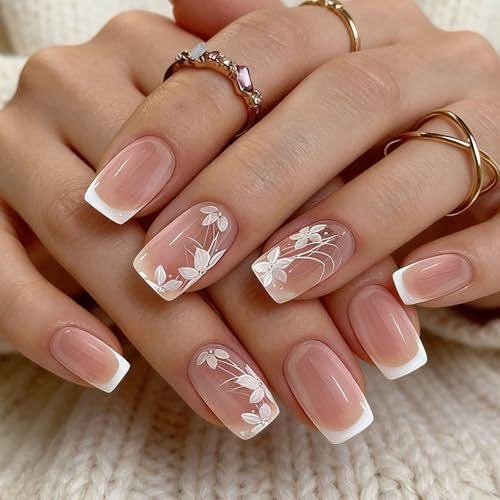 Floruvia 24 stück zum aufdrücken,kurze quadratförmige nude-künstliche nägel mit weißen französischen spitzen und feinen blütenakzenten,acryl-nägel zum aufdrücken