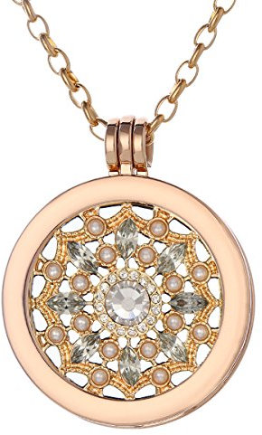 Morella Halskette Damen Gold 70 cm Edelstahl mit Amulett und Coin 33 mm in Schmuckbeutel Blüte Zirkonia Gold