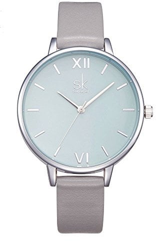 SHENGKE Damen Armbanduhr Kreative Frauen Uhren Marke Uhr Frauen Mesh Kleid Uhr Echtes Leder(K0056L-Grey)
