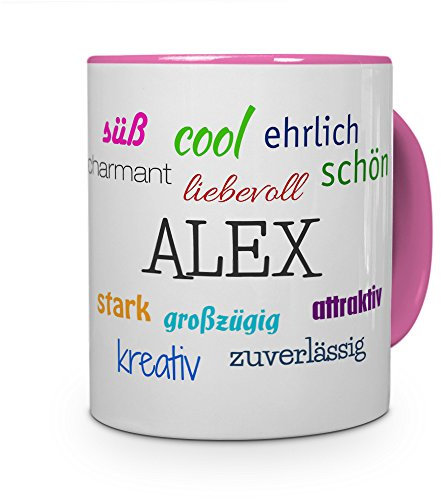 printplanet Tasse mit Namen Alex - Positive Eigenschaften von Alex - Namenstasse, Kaffeebecher, Mug, Becher, Kaffeetasse - Farbe Rosa