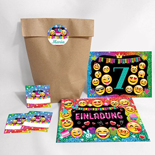 JuNa-Experten 12-er Set Einladungskarten, Umschläge, Geschenktüten, Aufkleber zum 7. Kindergeburtstag für Mädchen/Einladung siebte Geburtstag
