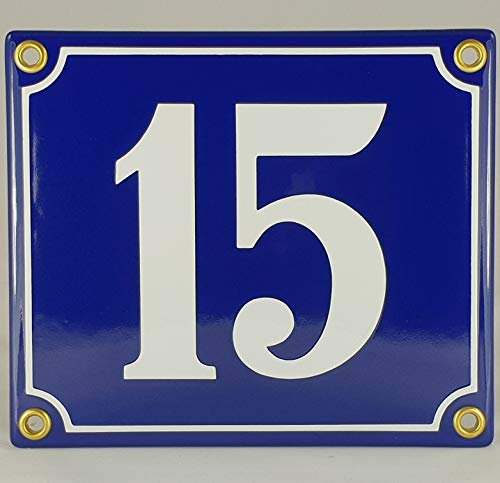 Hausnummer Emaille Schild Nr. 15 Blau-Weiß Handarbeit