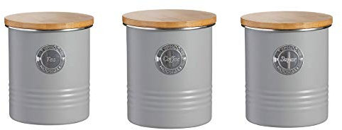 Typhoon Living Airtight Tea, Coffee and Sugar Storage Canister with Bamboo Lid, Set of 3, 1 Litre, Grey