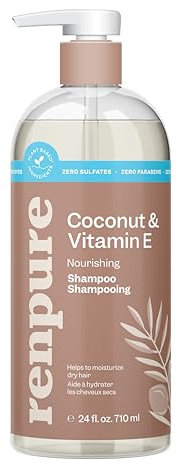 RENPURE Kokos- und Vitamin-E-Shampoo auf Pflanzenbasis für trockenes Haar – sulfatfreies, parabenfreies und farbsicheres Shampoo – Natürliches Kokosnuss-Feuchtigkeitsshampoo für Männer und Frauen