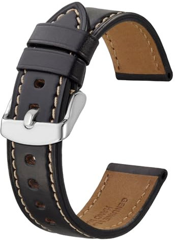 BISONSTRAP Uhrenarmband 22mm, Premium Leder Uhrenarmbänder für Herren und Frauen-Schwarz/Silberne Schnalle