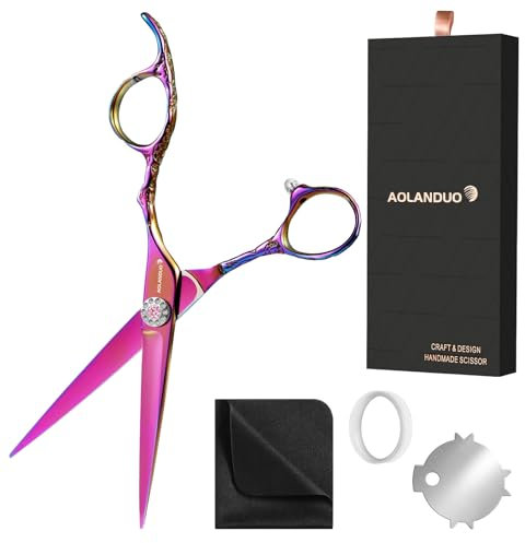 AOLANDUO Tijeras Peluqueria Profesional Rosadas 6 - Tijeras Entresacar de Acero VG10 - Mango Offset/Espada - Para Barbería y Hogar - Con Estuche, Ajustador, Aceite y Paño - 1 Uds