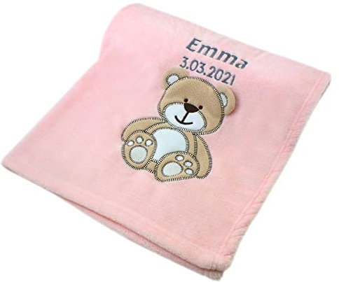 cozy racoon Babydecke Bestickt mit Namen und Geburtsdatum | Weiche Kuscheldecke für Baby Jungen und Mädchen I Personalisiertes Geschenk zur Taufe, Geburt oder als Erstausstattung I Rosa Decke mit Bär