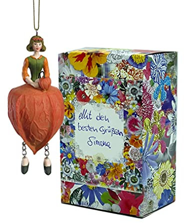 Blumen-Mädchen Physalis zum Hängen Elfen-Dekofigur Flower Fairy Figur Blumenfigur Skulptur Blumenkinder in Geschenk-Box