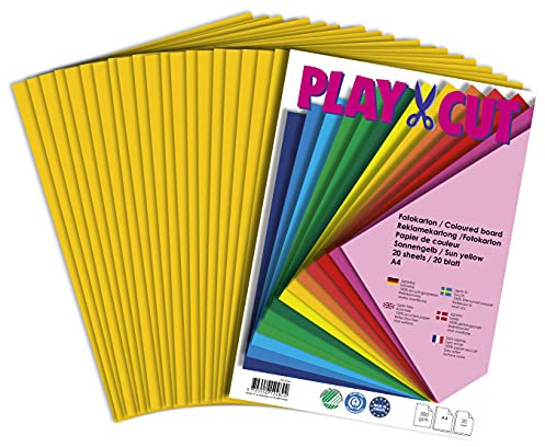 PLAY-CUT Fotokarton A4 Set Sonnengelb (300g/m2) | 20 Bogen Din A4 Foto Karton Bunt | Dickes Foto Papier | Premium Druckerpapier Dicke Stärke | Karton zum Basteln Drucken