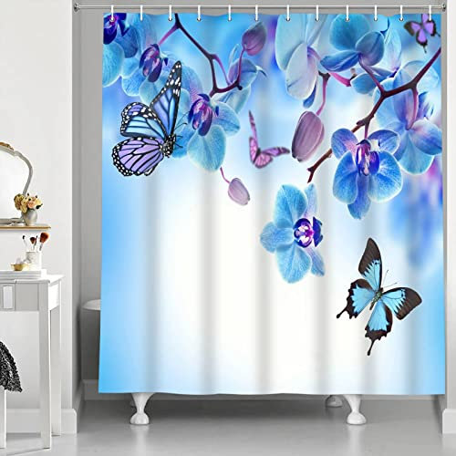 Abaysto Duschvorhang, blaue Orchidee, Blumen, Schmetterling, blaue Blume, Frühlingslandschaft, wasserdichter Stoff, Badezimmer-Dekor-Set mit Haken, 183 x 183 cm