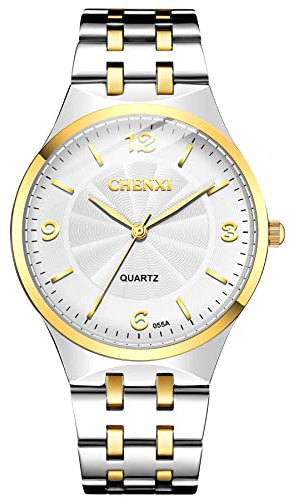 JewelryWe Herrenuhr Quarz Analog Partner Freundschafts Armbanduhr Einfache Herren Uhr mit Gold Silber Edelstahl Armband und weißem Zifferblatt, Valentinstag Pärchen Geschenk für Männer Junge