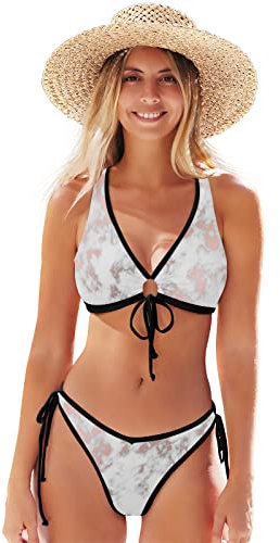 White Marble Rose Gold Women's Bikini Swimsuit, Front Strap Top Thong Two Piece Bathing Suit Bikini Sets Swimwear for Womens