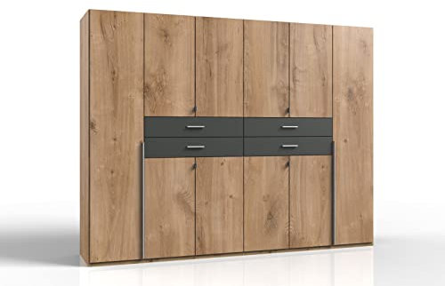 möbelando Kleiderschrank Denver aus Spanplatte in Plankeneiche-Nachbildung mit 4 Schubladen und 10 Türen. Abmessungen (B/H/T) 270x208x58 cm
