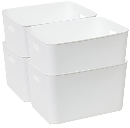 Cetomo 17L*4 Cesta de Almacenamiento de Plástico, Caja de Almacenamiento Abierta, Contenedores Para Estanterías, Organizadores con Asas Para oficina, Gabinetes, Blanco, 17L-4 Unidades (35*27*20cm)