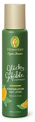 PRIMAVERA Glücksgefühle Körperlotion 200 ml – Bodylotion, Naturkosmetik - Zitrone, Tonka Duft – spendet Feuchtigkeit, aktiviert, belebt, pflegt - vegan