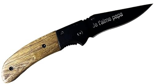 Canif avec cran d'arrêt manche en bois et lame noire gravée - Cadeau original - Couteau personnalisable