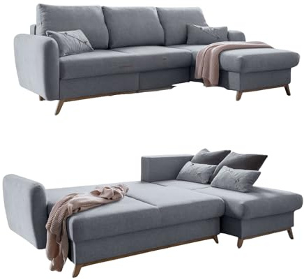 MIUFORM Scandic Lagom S mit Bettkasten | 4 Sitzer Ecksofa | L-Form rechts | 235 x 157 x 90cm Couch | Klappsofa mit Schlaffunktion | Schlafsofa klappbar (Hellgrau)