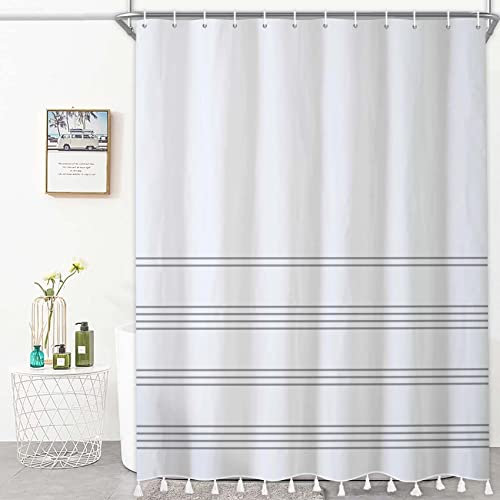 Bovlleetd Moderner Quasten-Duschvorhang Boho Weiß und Grau Streifen Duschvorhang mit Quasten Minimalistische Linie Stoff Stoff Duschvorhänge für Badezimmer Dekor 180x200cm