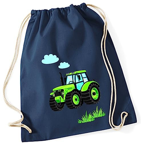 minimutz Turnbeutel Kinder Jungen aus Baumwolle | Motiv Traktor Bulldog mit Wolken & Gras | Schuhbeutel Sportbeutel zum Zuziehen mit Kordel 37cm x 46cm in Dunkelblau Navy