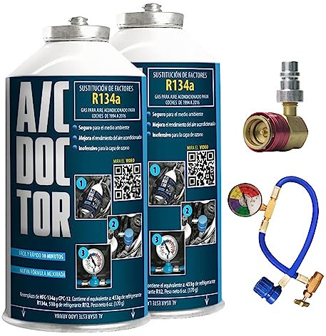 AC DOCTOR Pack 2 Canette Réfrigérant remplace le R134a pour recharge la climatisation voiture 1995-2016 + tuyau avec manomètre + adaptateur HP/LP haut bas