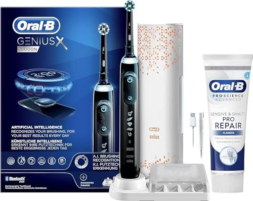Oral-B Wiederaufladbare elektrische Zahnbürste Genius X, 6 Bürstenmodi, künstliche Intelligenz, 1 Bürstenkopf, 1 Reiseetui, Geschenkidee, Schwarz + Zahnpasta im Lieferumfang enthalten